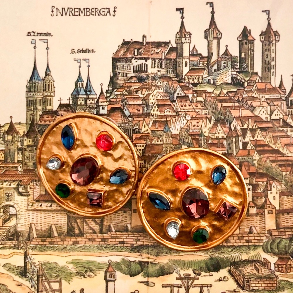 Gold Shield with Gems Earrings
